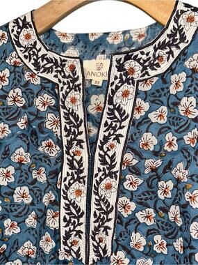 Anokhi Womens Size XS Blue Floral Embroidered Placket Tunic Midi Side Slit Dress